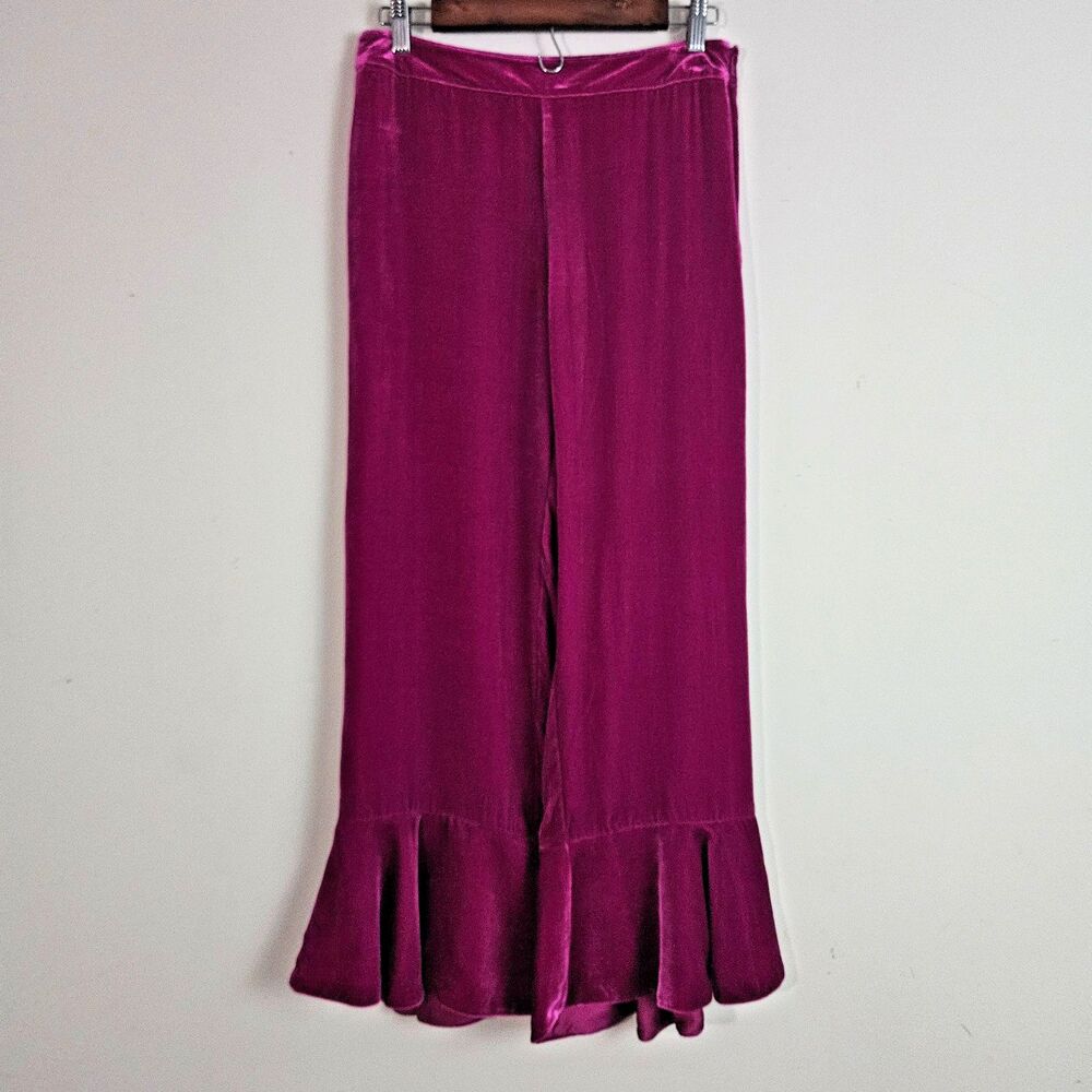 Trina Turk Women's Pants 2 Pink Velvet Silk Blend Flounce Hem Retro 70s Boho